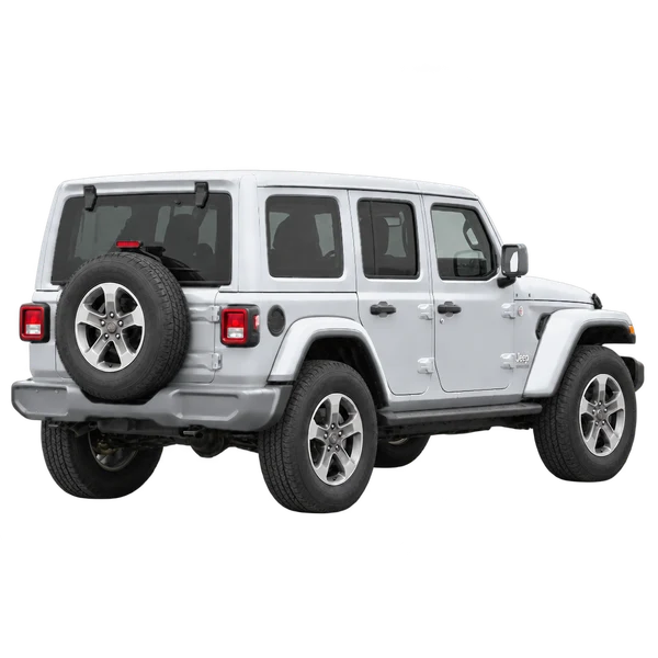 Jeep Wrangler 2021 باللون فضي، منظر منظر خلفي بزاوية ثلاثة أرباع (باتجاه اليمين)