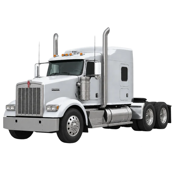 Kenworth W900 2005 prata, vista dianteira em três quartos (voltada para a esquerda)