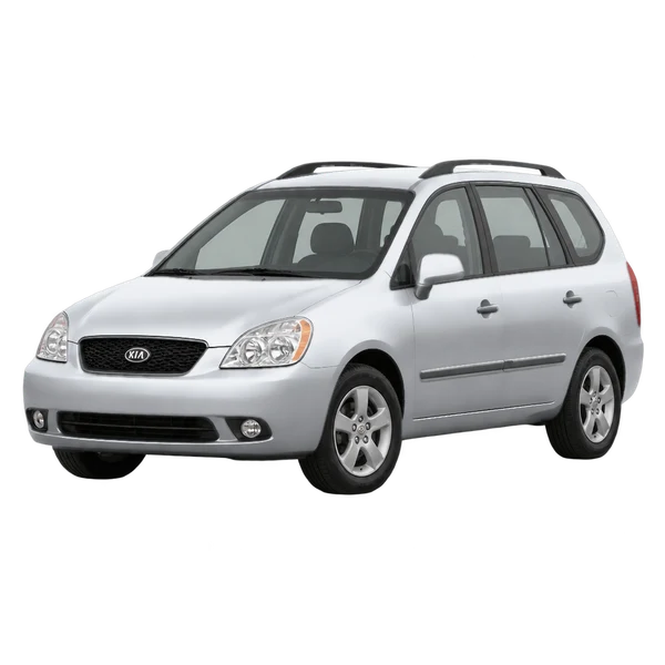 Kia Carens 2004 prata, vista dianteira em três quartos (voltada para a esquerda)