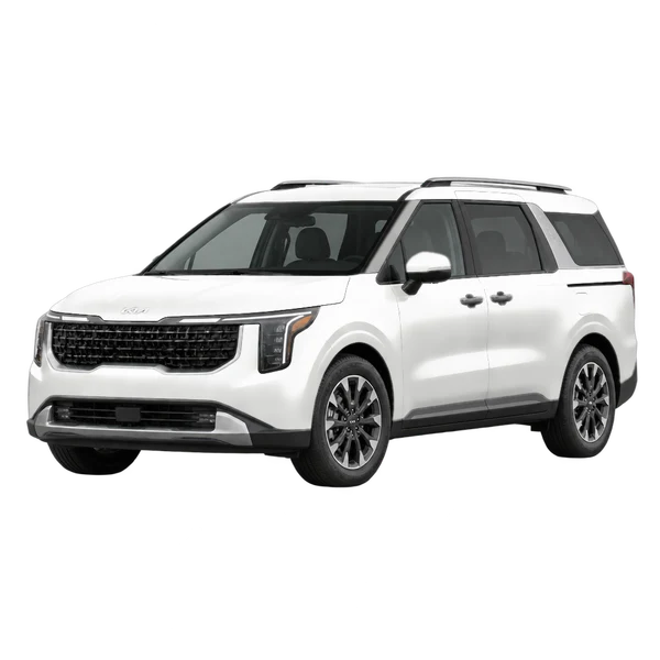 Kia Carnival 2025 باللون أبيض، منظر منظر أمامي بزاوية ثلاثة أرباع (متجه لليسار)
