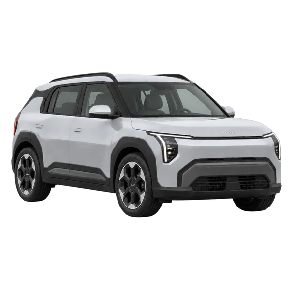 silver 2027 Kia EV3 front three-quarter (facing right) view