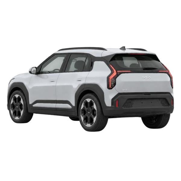 silver 2027 Kia EV3 rear three-quarter (facing left) view