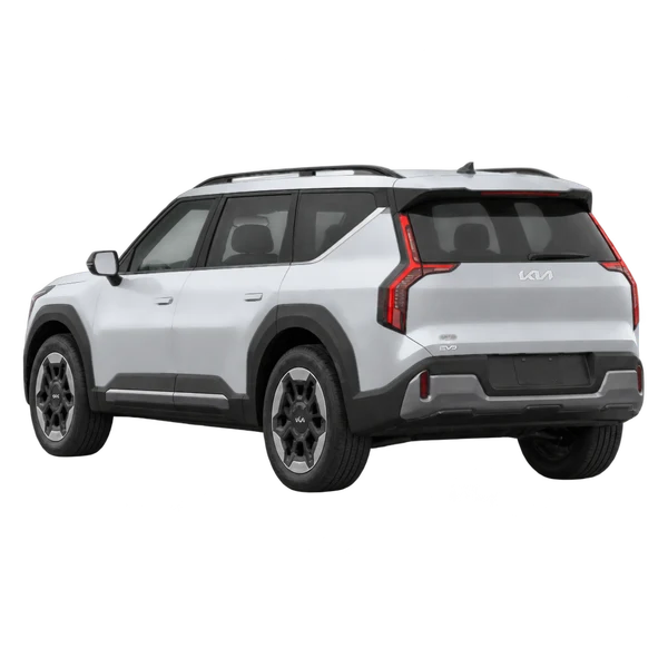 2025 Kia EV9 in Silber, Ansicht: Dreiviertelansicht von hinten (nach links gerichtet)