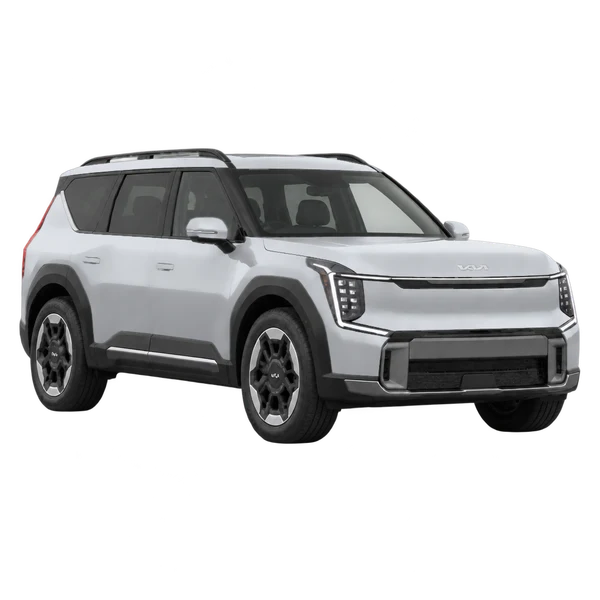 2026 Kia EV9 in Silber, Ansicht: Dreiviertelansicht vorne (nach rechts)