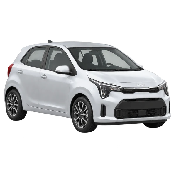 Kia Picanto 2025 باللون فضي، منظر زاوية ثلاثة أرباع أمامية (باتجاه اليمين)