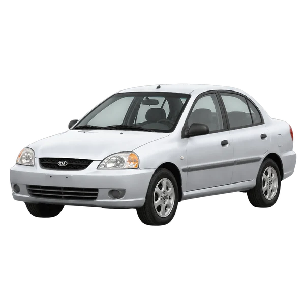 Kia Rio 2004 argent, vue trois-quarts avant (orienté vers la gauche)