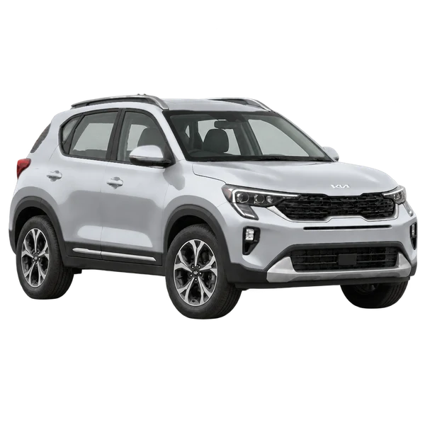Kia Sonet 2025 prata, vista três quartos dianteiro (voltado para a direita)