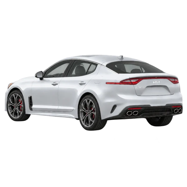 Kia Stinger 2024 prata, vista três quartos traseira (voltada para a esquerda)