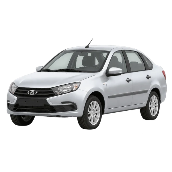 Lada Granta 2018 باللون فضي، منظر منظر أمامي بزاوية ثلاثة أرباع (متجه لليسار)