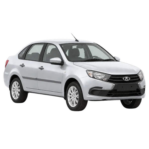 Lada Granta 2018 باللون فضي، منظر زاوية ثلاثة أرباع أمامية (باتجاه اليمين)