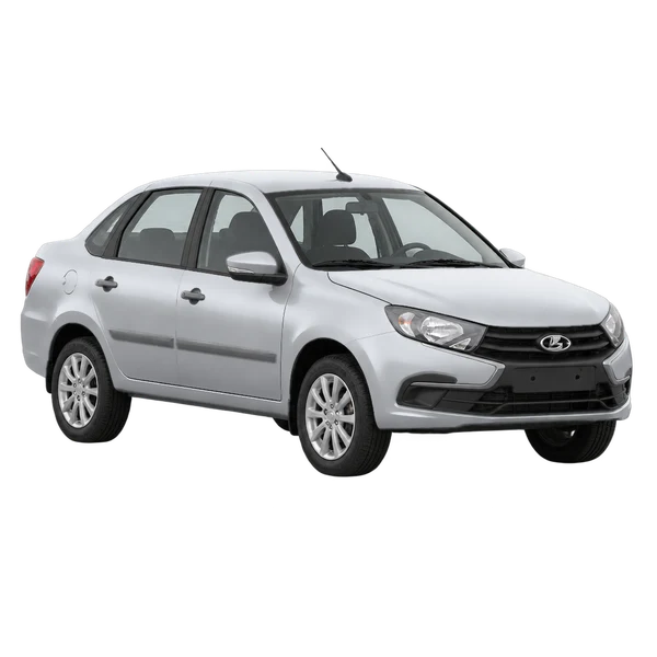 Lada Granta 2019 باللون فضي، منظر منظر أمامي بزاوية ثلاثة أرباع (متجه لليسار)