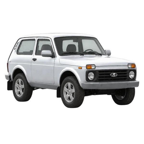 Lada Niva 2021 باللون فضي، منظر منظر أمامي بزاوية ثلاثة أرباع (متجه لليسار)