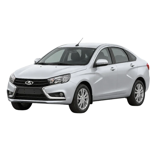 Lada Vesta 2019 باللون فضي، منظر منظر أمامي بزاوية ثلاثة أرباع (متجه لليسار)