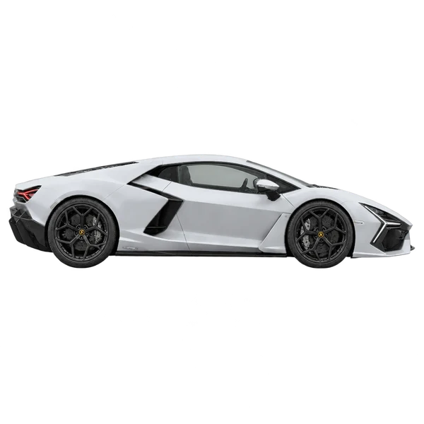 Lamborghini Revuelto 2026 باللون فضي، منظر منظر جانبي (باتجاه اليمين)