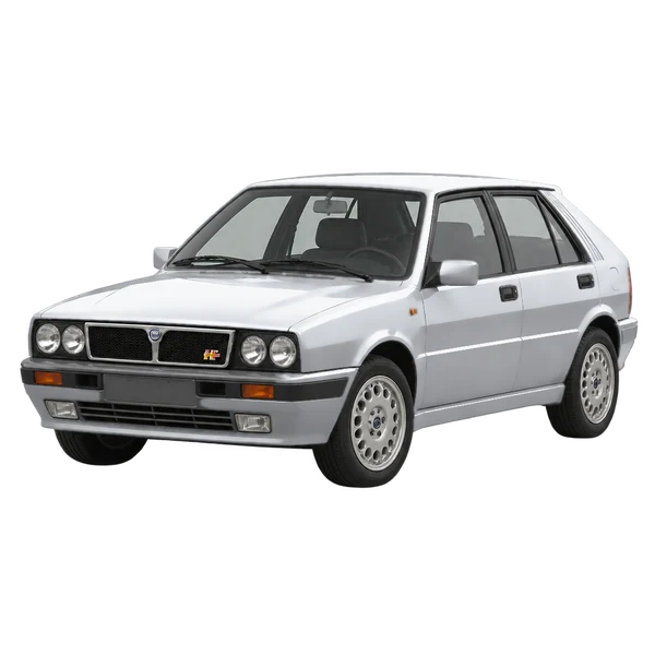 Lancia Delta 1992 باللون فضي، منظر منظر أمامي بزاوية ثلاثة أرباع (متجه لليسار)