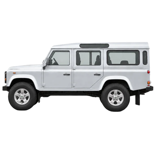 Land Rover Defender 2002 prata, vista lateral (voltada para a esquerda)