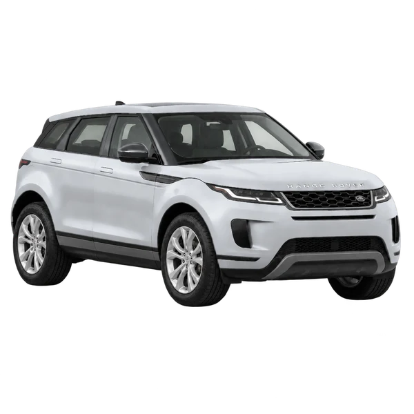 Land Rover Range Rover Evoque 2021 باللون فضي، منظر زاوية ثلاثة أرباع أمامية (باتجاه اليمين)