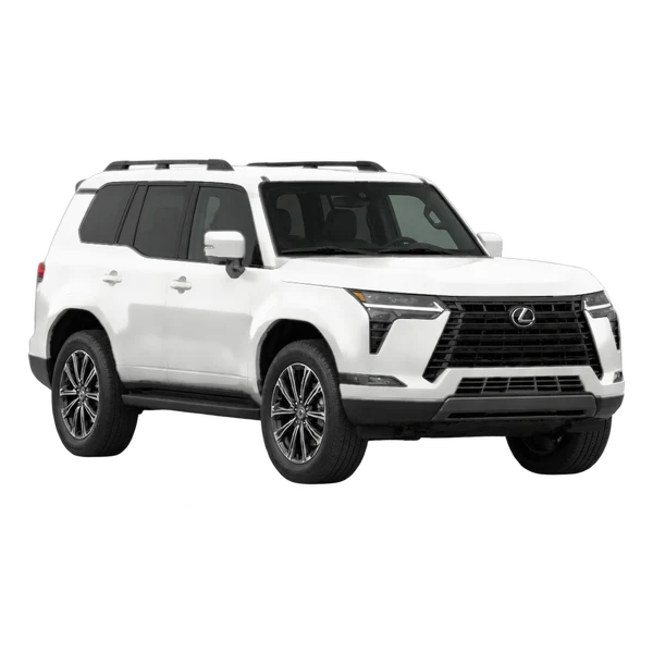 Lexus GX 2025 باللون أبيض، منظر منظر أمامي بزاوية ثلاثة أرباع (متجه لليسار)