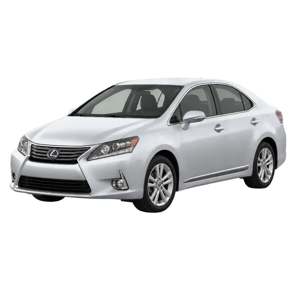 Lexus HS250H 2015 باللون فضي، منظر منظر أمامي بزاوية ثلاثة أرباع (متجه لليسار)