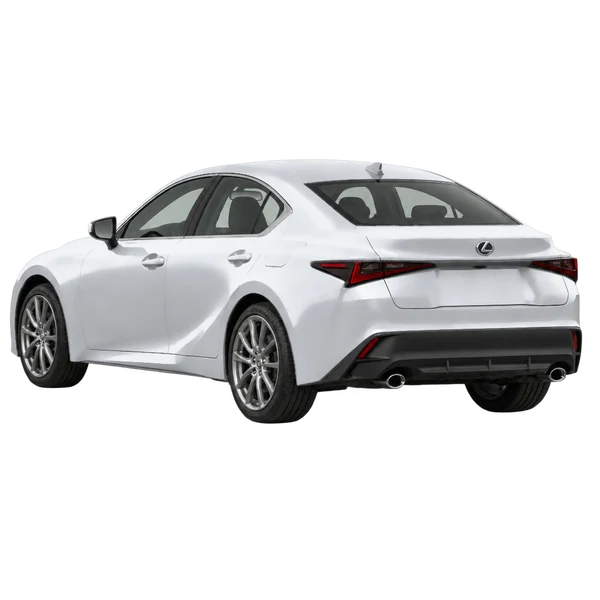 Lexus IS 2021 باللون فضي، منظر ثلاثة أرباع خلفي (باتجاه اليسار)