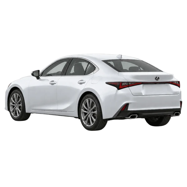 Lexus IS 2026 باللون فضي، منظر ثلاثة أرباع خلفي (باتجاه اليسار)