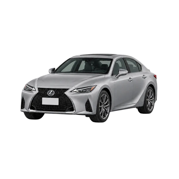 Lexus IS300 2023 en plateado, vista frontal tres cuartos (hacia la izquierda)