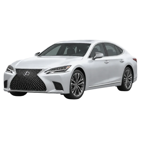 Lexus LS500H 2025 en plateado, vista frontal tres cuartos (hacia la izquierda)