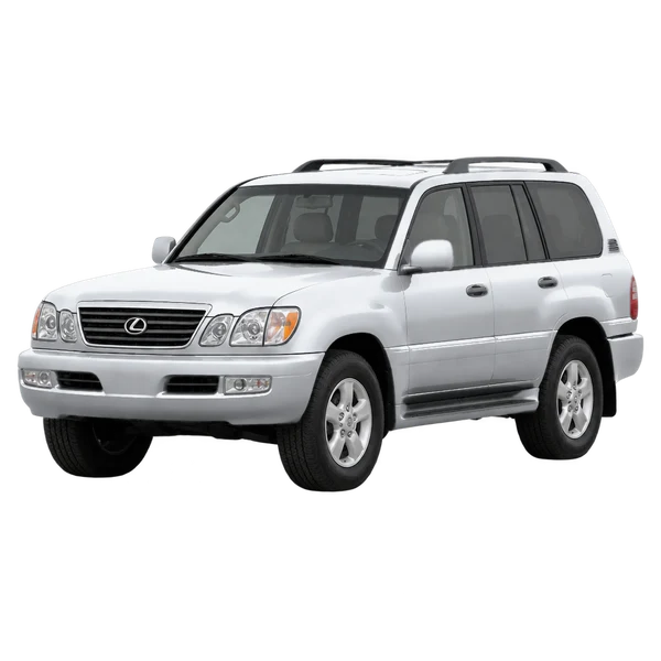 Lexus LX470 2001 prata, vista dianteira em três quartos (voltada para a esquerda)