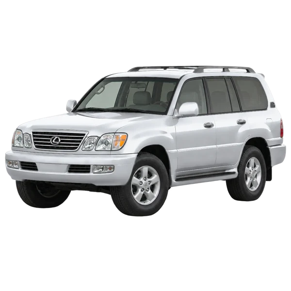 Lexus LX470 2003 prata, vista dianteira em três quartos (voltada para a esquerda)