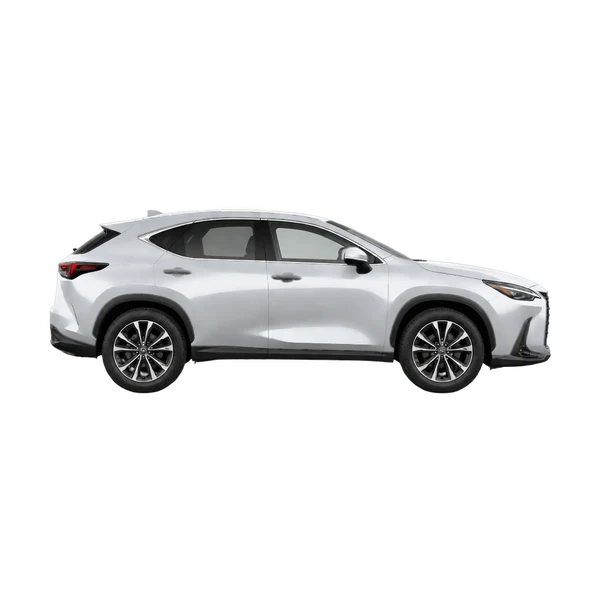 Lexus NX450H 2026 en plateado, vista lateral (hacia la derecha)