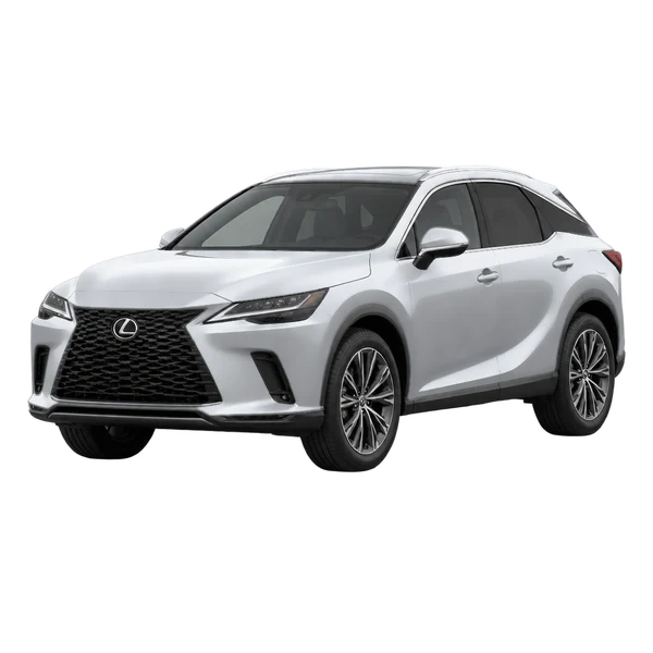 Lexus RX 350 2025 باللون فضي، منظر منظر أمامي بزاوية ثلاثة أرباع (متجه لليسار)