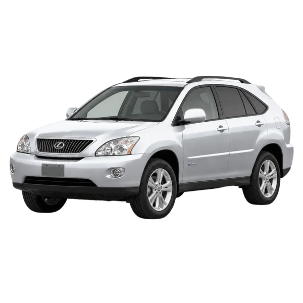 Lexus RX400H 2005 باللون فضي، منظر منظر أمامي بزاوية ثلاثة أرباع (متجه لليسار)