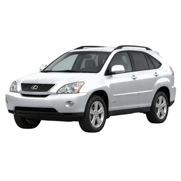 Lexus RX400H 2006 باللون فضي، منظر منظر أمامي بزاوية ثلاثة أرباع (متجه لليسار)