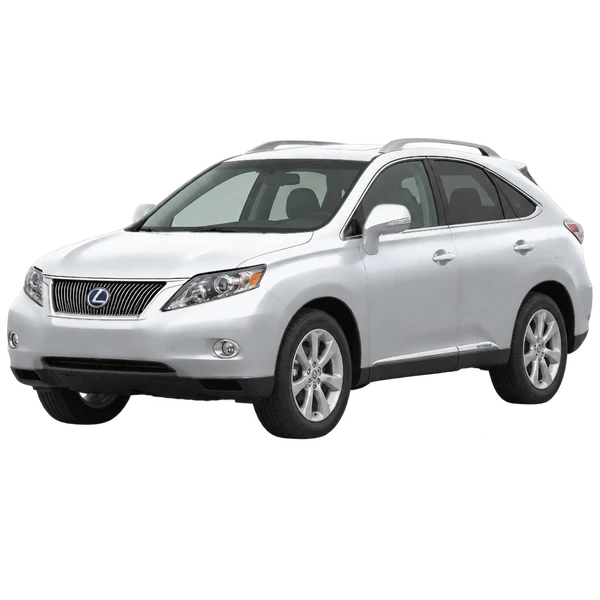 Lexus RX450H 2010 باللون فضي، منظر منظر أمامي بزاوية ثلاثة أرباع (متجه لليسار)