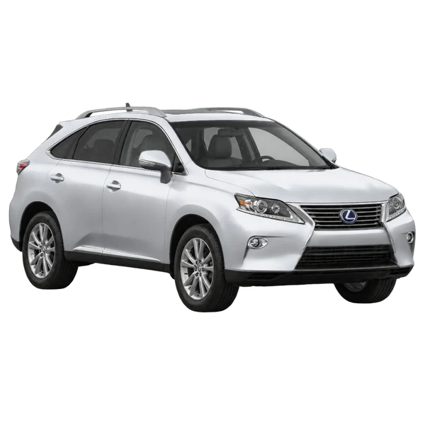 Lexus RX450H 2015 باللون فضي، منظر منظر أمامي بزاوية ثلاثة أرباع (متجه لليسار)