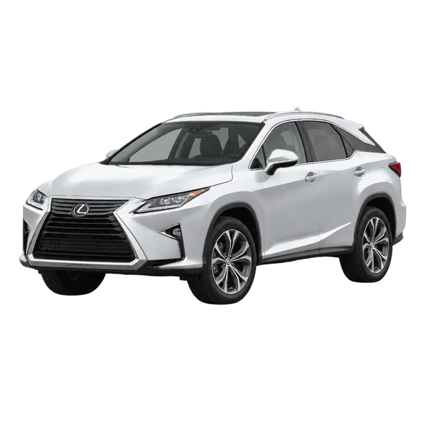 Lexus RX450H 2016 باللون فضي، منظر منظر أمامي بزاوية ثلاثة أرباع (متجه لليسار)