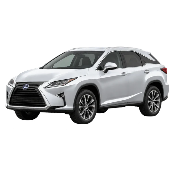 Lexus RX450H 2019 باللون فضي، منظر منظر أمامي بزاوية ثلاثة أرباع (متجه لليسار)