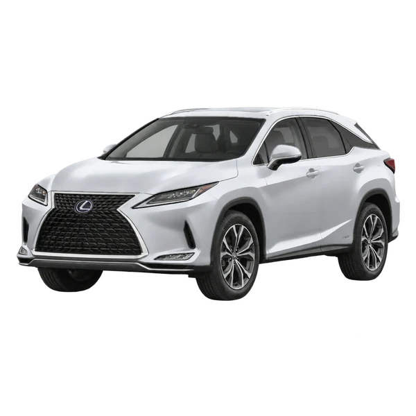 Lexus RX450H 2020 باللون فضي، منظر منظر أمامي بزاوية ثلاثة أرباع (متجه لليسار)