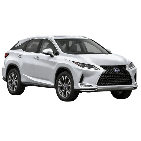Lexus RX450H 2021 باللون فضي، منظر منظر أمامي بزاوية ثلاثة أرباع (متجه لليسار)