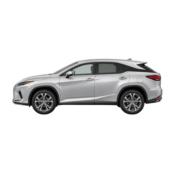 Lexus RX450H 2022 باللون فضي، منظر جانبي (متجه إلى اليسار)