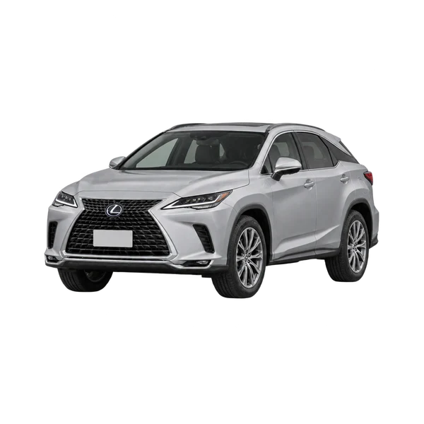 Lexus RX450H 2023 باللون فضي، منظر منظر أمامي بزاوية ثلاثة أرباع (متجه لليسار)