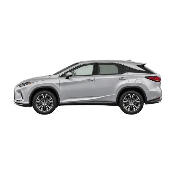 Lexus RX450H 2023 باللون فضي، منظر جانبي (متجه إلى اليسار)