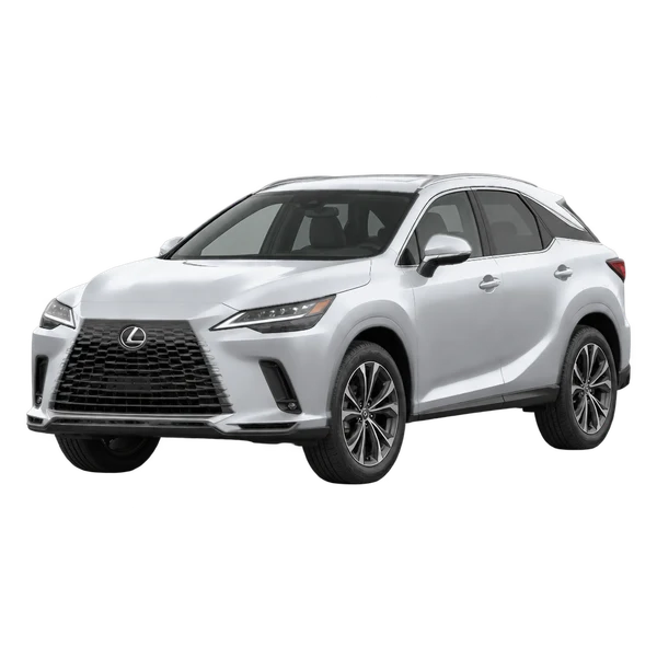 Lexus RX450H 2024 باللون فضي، منظر منظر أمامي بزاوية ثلاثة أرباع (متجه لليسار)