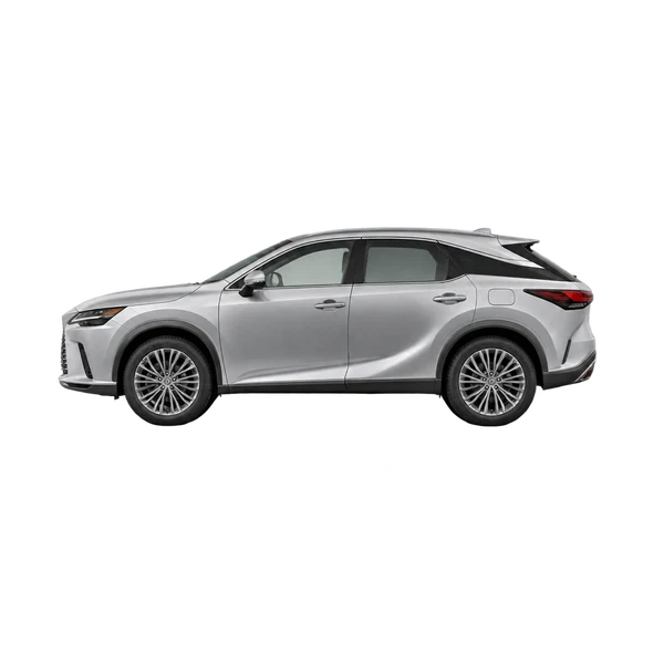 Lexus RX450H 2024 باللون فضي، منظر جانبي (متجه إلى اليسار)