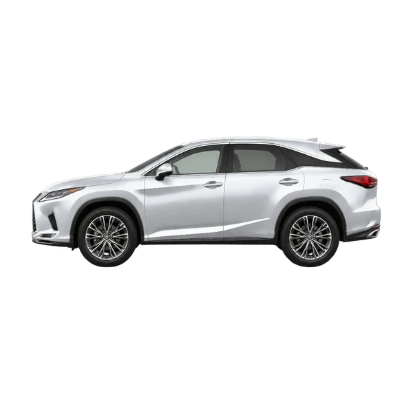 Lexus RX450H 2026 باللون فضي، منظر جانبي (متجه إلى اليسار)