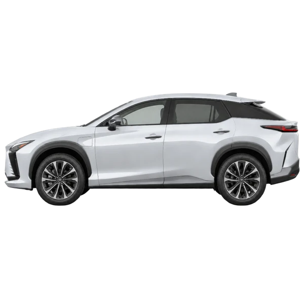 Lexus RZ 550e AWD 2026 باللون فضي، منظر جانبي (متجه إلى اليسار)
