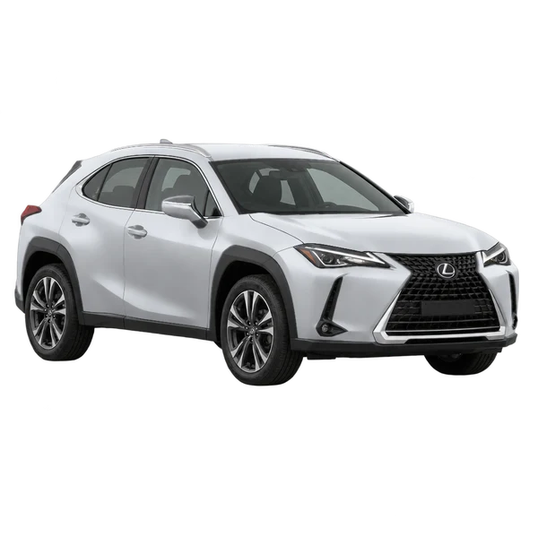 Lexus UX 2021 باللون فضي، منظر منظر أمامي بزاوية ثلاثة أرباع (متجه لليسار)