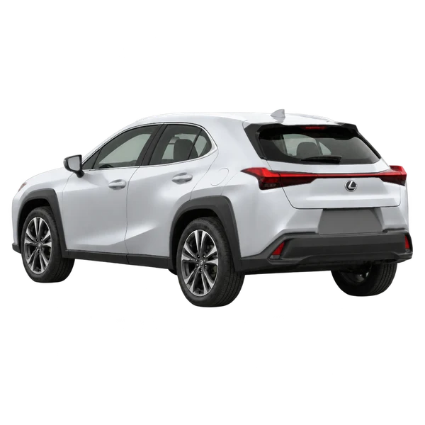 Lexus UX 2021 باللون فضي، منظر ثلاثة أرباع خلفي (باتجاه اليسار)