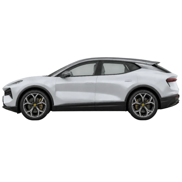 Lotus Eletre 2025 باللون فضي، منظر جانبي (متجه إلى اليسار)