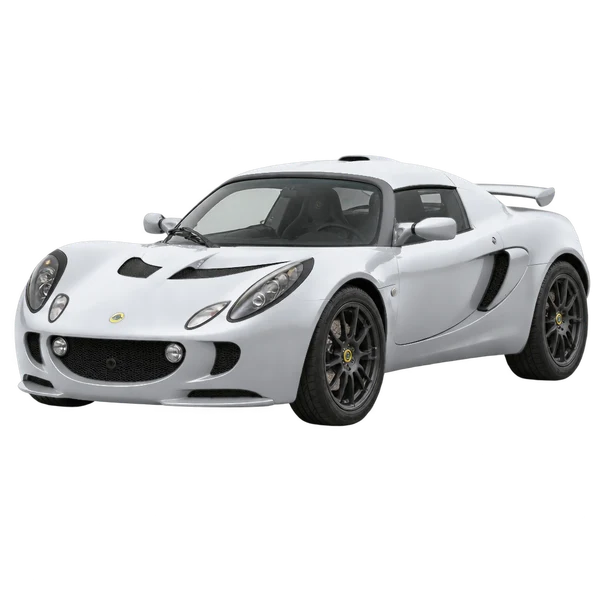 Lotus Exige 2009 باللون فضي، منظر منظر أمامي بزاوية ثلاثة أرباع (متجه لليسار)
